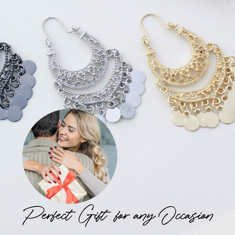 NTLX Bohemian Boho Chandelier Dangle Drop Earrings for Women â€“ Lightweight Filigree Gypsy Coin Disc Tassel Charm Hoops â€“ included Gift Box (Gold) - Image 5